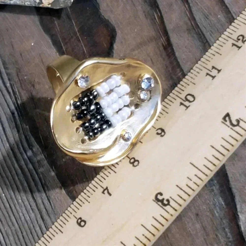 Crystals and Glass Beads Baroque Gold Plated Adjustable Statement Cocktail Ring - Picture 13 of 13